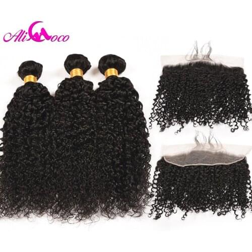 Ali Coco Brazilian Kinky Curly 3 Bundles With Frontal Human Hair Lace Frontal Closure With Bundles Non Remy Weave 4Pcs/Lot