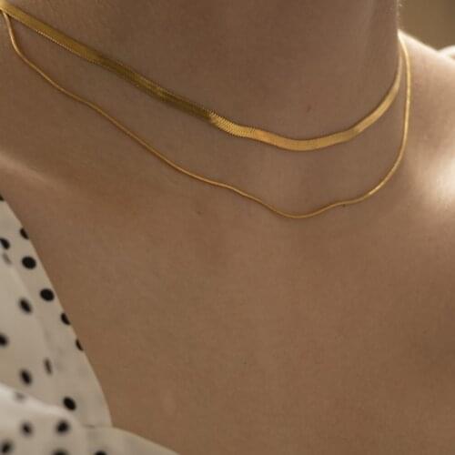 Anti-allergic Minimalist Double Layers 14K Gold Plated Box&Herringbone Chain Choker Necklaces for Women