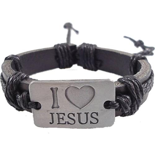 Casual New Retro Handmade Woven Wrap Belt I Love JESUS Heart Alloy Charm Genuine Leather Men Women Bracelet Wholesale jewelry