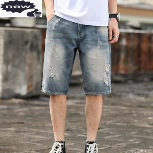 Summer Vintage Denim Loose Fit Straight Knee Length Trousers Mens Distressed Ripped Casual Shorts Male Sweatpants