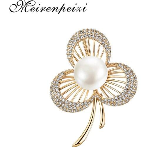 CZ Pearl Brooch For Women Zircon Lucky Clover Flower Brooches Pins Natural Freshwater Pearl Fine Jewelry Decoration