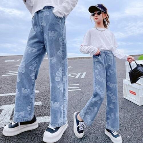 Jeans for Girl 2021 New Autumn Fashion Wide Leg Pants High Waist Elastic Children Loose Casual Denim Straight Pants 5-14Year Old