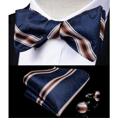 Navy Blue Brown Striped Bowtie for Men Silk Ajustable Butterfly Hanky Cufflink Bowtie Set Wedding Party DiBanGu Design JM-092