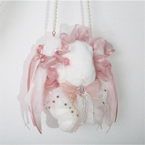 Kawaii Lace Plush Rabbit Bow Handbag Cosplay Bunny Lolita Furry Bags With Pearl Chain B1775