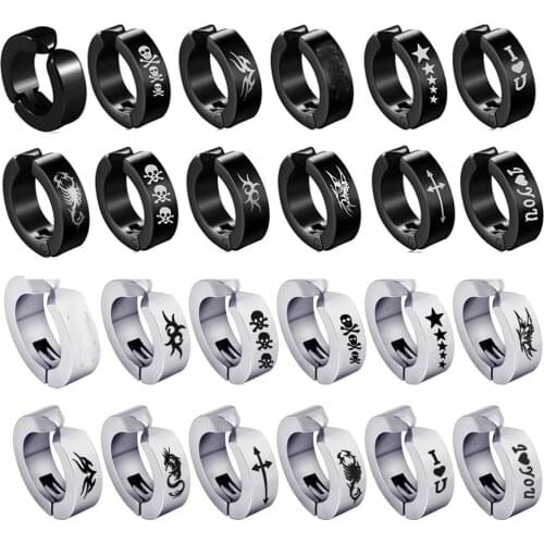1piece Punk Titanium Steel Ear Clip Earrings For Men Women Print Pattern Black No Pierced Fake Ear Circle New Hip-pop Jewelry