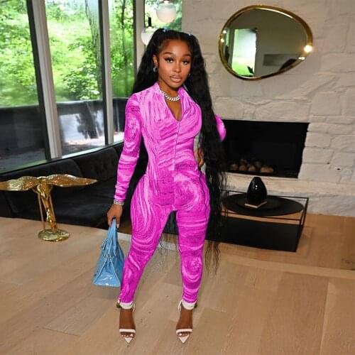 Fashion Multi-color Starry Sky Digital Print Jumpsuit Women Sexy Zipper V Neck Long Sleeve Leggings Club Body Romper Overalls