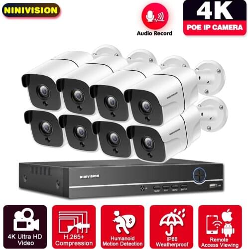 NINIVISION 4K Ultra HD 8MP H.265 POE NVR Kit CCTV Security Camera System Audio Record Outdoor Video Surveillance Camera Set