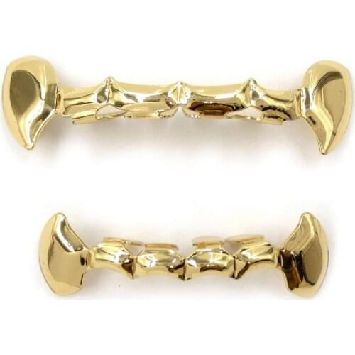Fang Grillz Set Gold Color Plated Half Teeth Dracula Vampire Fangs Slim Grills Gold Top & Bottom Grillz Teeth Set