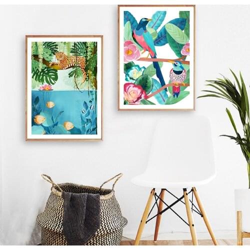 Jungle Tiger Art Posters and Prints Abstract Colorful Birds And Fish Wall Art Painting on Canvas Picture Home Decor No Frame