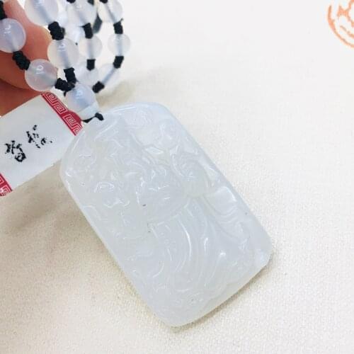 Natural Brazilian Ice Jade Jade Carved White Fortune Pendant with Chalcedony Bead Necklace Mens Womens Sweater Chain