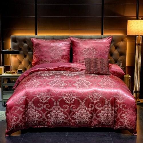 Luxury beddings jacquard soft satin silky bedding down cover pillowcase set with zipper seal, light red, medium size double bed