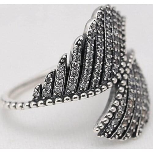 S925 Majestic Feathers With Crystal Ring For Women Wedding Party fit Lady Fine Jewelry