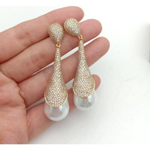 YYGEM luxury for women cubic zirconia Pave Gold color Plated flower 2.4'' 16x25MM White Sea Shell Pearl Stud Earrings