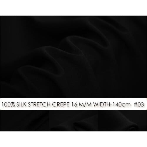 SILK STRETCH CREPE 140cm width 16momme Pure Mulberry Soft Matt Silk Fabric With Spandex Lycra Fabric Extra Wide Black No.03