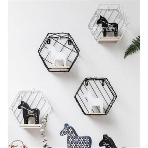 Simple Modern Hexagonal Design Grid Storage Rack Shelf Creative Iron Grid Wall Hanger Hexagon Shelf Home Decoration Accessories