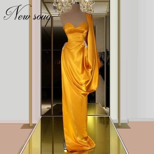 Turkish Gold Mermaid Evening Dresses 2020 Kaftans Dubai One Shoulder Beaded Prom Dress Robe Women Girl Party Gowns Saudi Arabia