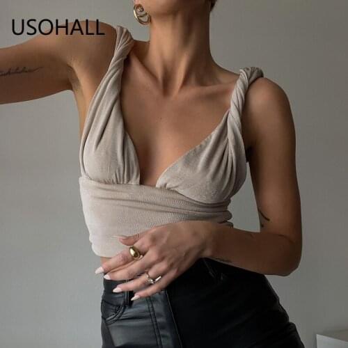 USOHALL Summer Sexy Crop Tops Women Backless V Neck Solid Slim Camisole Tank Top