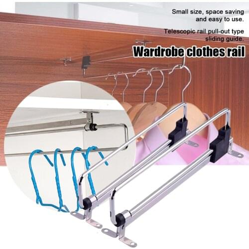 Pull Out Telescopic Clothes Rod Storage Sliding Rail Space Saving Closet Wardrobe Hanging Household Cabinet Bedroom Retractable
