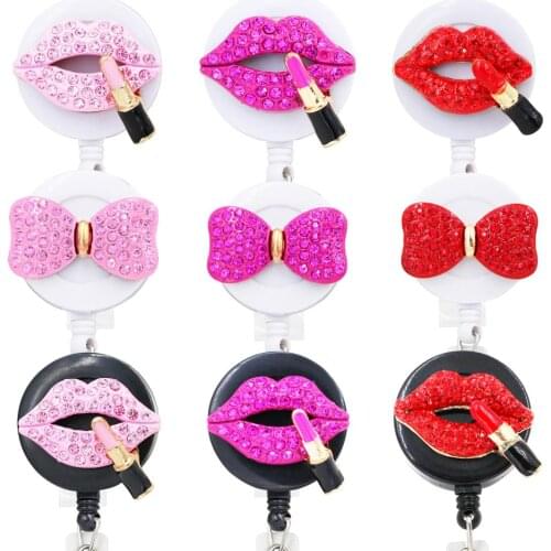 1PC Pink Kiss Retractable Badge Holder with Alligator Clip Retractable Cord ID Badge Reel Rose Bow