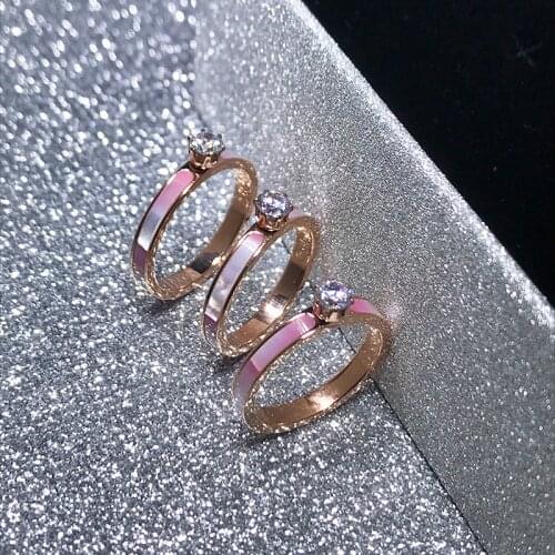 YUN RUO Fashion Pink Shell Zircon Wedding Ring Rose Gold Color Woman Gift Titanium Steel Jewelry Not Change Color Drop Shipping