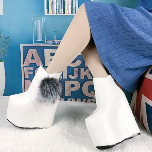 17cm Wedges High Heel Womens Boots Night Club Sexy Winter Platform Ankle Boots White Black Womans Shoes