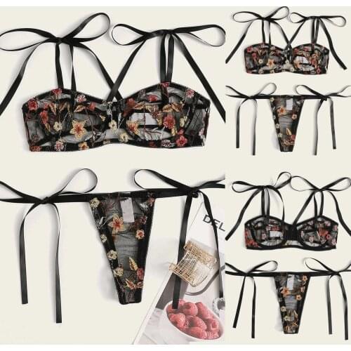 Women Sexy G-string Flowers Embroidery Embroidered Set Mujer Transparent Underwire Underwear Push Up Lingerie Bra Sensual 2PC