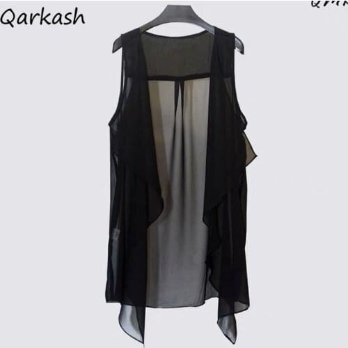 Chiffon Vests Women Holiday Street Solid Black Sweet Thin Summer All-match Fairy Outerwear Sexy Long Draped Open Stitch Vintage