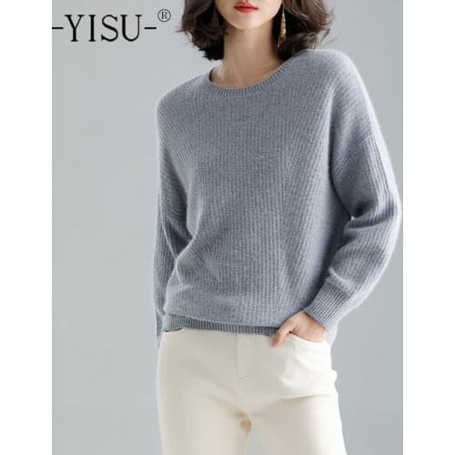 YISU Women Sweater Autumn Winter Warm Jumper Long sleeve O-Neck Casual Tops Loose Simple Solid color Female Knitted pullover