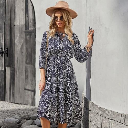 INS Style Fashion Womens Long Sleeve Dress Dot Print Autumn Leisure V-neck Hedging Printed Button Sexy Waist Slimming Dress