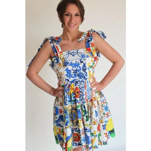 Runway Boho Summer Dress 2021 Womens Bow Spaghetti Strap Backless Blue and White Porcelain Floral Print Midi Dress Robe k251