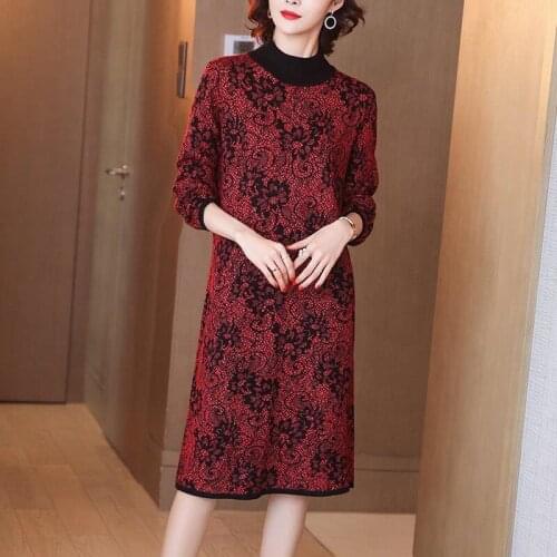 Fall Winter Vintage Womens Turtleneck Knit Floral Jaquard Pullover Sweater Dress , Autumn Casual Woman Female Knitted Dresses