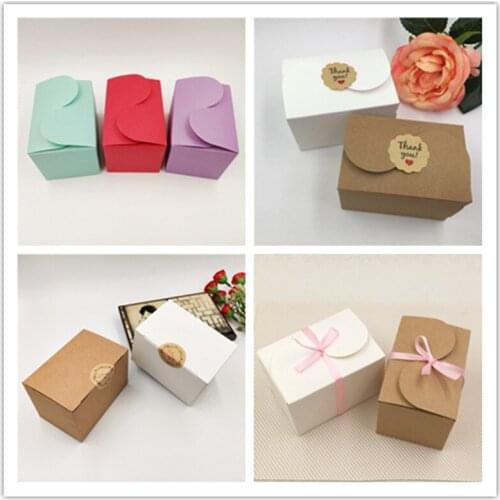 20Pcs/Lot 9x6x6cm Sweet DIY Kraft Paper Gift Box Add Vintage Sticker Pink Ribbon For Christmas Birthday Party Card Packaging Box