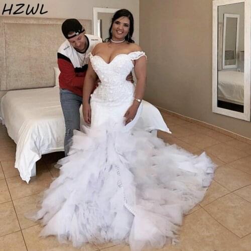 African Plus Size Wedding Dresses Off The Shoulder 3D Appliqued Bridal Gowns Tulle Tiered robes de mariée Mermaid Wedding Dress