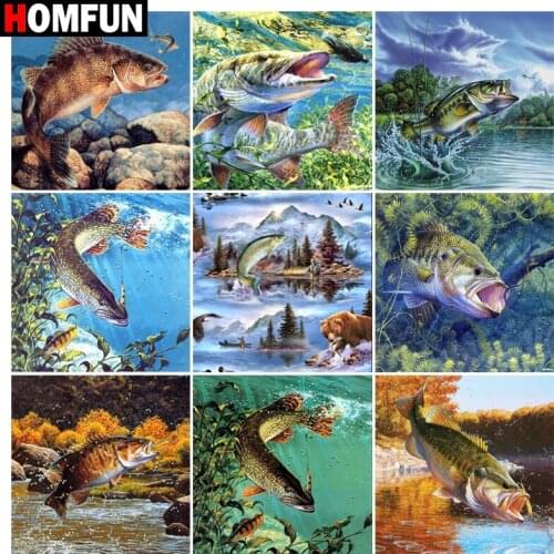 HOMFUN Diamond Painting Full Square/Round Diamond "Fishing lake tree" Pattern Embroidery Cross Stitch 5D Rhinestone Painting