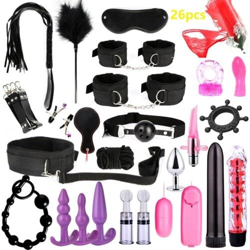 26 PCS Adults Sex Toys For Women Men Handcuffs Nipple Clamps Whip Spanking Sex Metal Anal Plug Vibrator Butt Bdsm Bondage Set