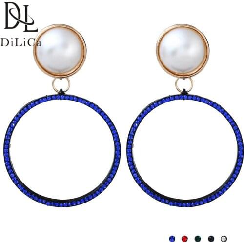 DiLiCa Fashion Women Dangle Earrings Simulated Pearl Rhinestone Charming Statement Earring Jewelry Female Big Round Drop Earring