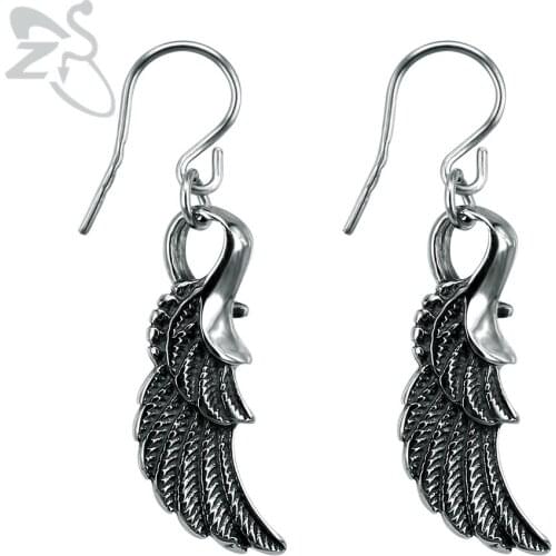 ZS Wings Drop Long Earrings Punk 316L Stainless Steel Bijoux Hanging Earring Cartilage Piercing Ears For Women Man Jewellry