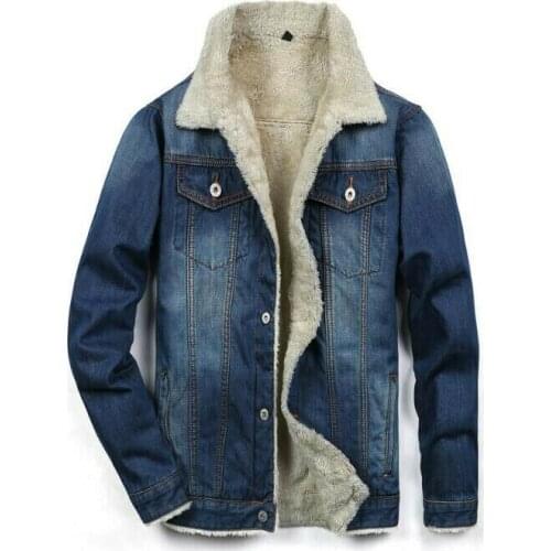 Winter Mens Long Sleeve Jean Jacket Fleece Lined Fashion Casual Denim Warm Coat Tops Solid Color Casual Loose Large Size