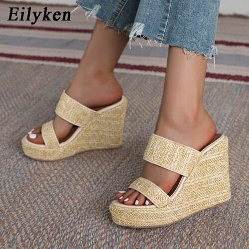 Eilyken New Fashion Open Toe Platform Slippers Straw Rope Weaving Thick Bottom Wedges Sandals High Heels Womens Shoes Yellow