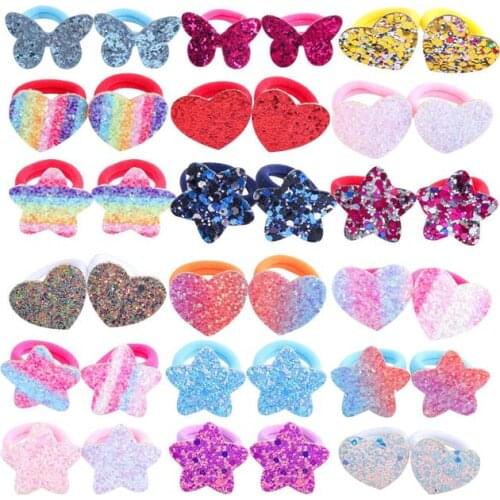 2pcs New Girls High Stretch Towel Loop Rainbow Gradient Five-pointed Star Love Sequin Rubber Band Hair Loop Accessories Headwear