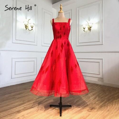 Serene Hill Red Ankle Length Evening Dresses Gowns 2021 Beaded A-Line Sexy For Women Wedding Party CLA70913