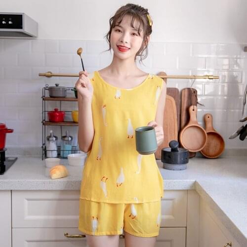 Summer New Pajamas Womens Korean Version Fresh Female Sleeveless Shorts Nightwear Household Clothes Loose Waistcoat Sleepwear