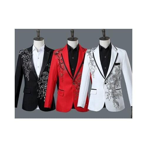 Male Double-side 3D Crystal Embroidery Flowers Stage Singer Nightclub Suit Jacket Tide Bar Mens Wedding Blazer Masculino