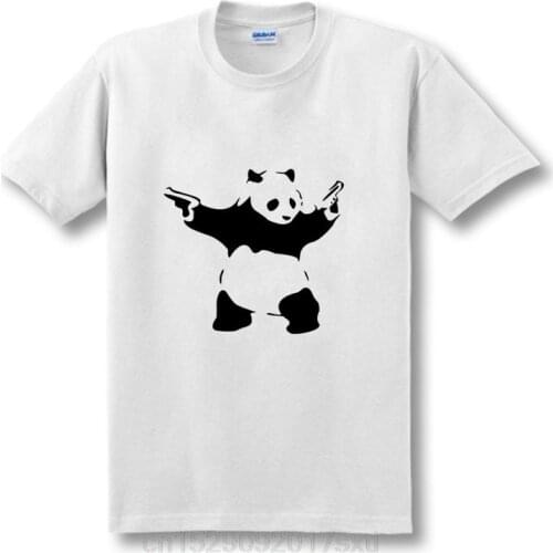 New Fashion Summer Cartoon Design Banksy Panda Guns T Shirt Men Casual Cotton O Neck Short Sleeve Funny Panda T-shirts XS-XXL