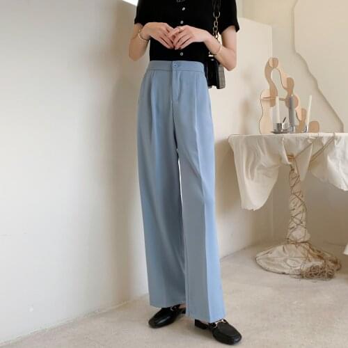 Office Lady Blue Long Pants Women 2021 Summer Korean Fashion White Straigth Loose Trousers For Women New Arrivals