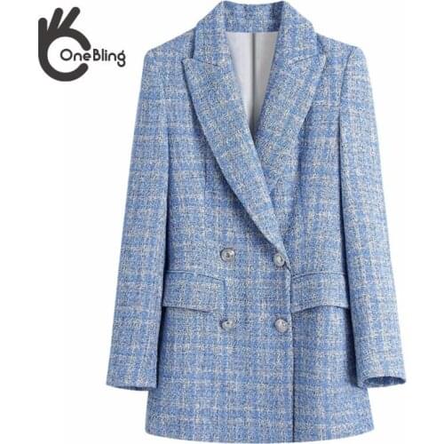 OneBling Light Blue Autumn Official Suit Sequin Double Row Button V-Neck Jacket Long Sleeve Pocket Blue Womens Suits Blazer