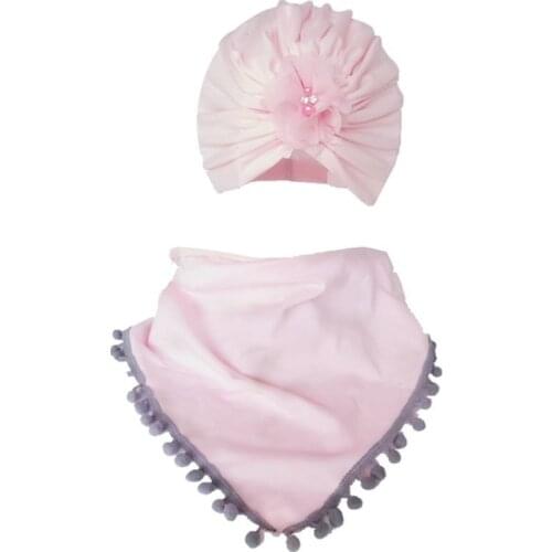 Autumn Winter Hat Headband Bib Set For Newborn Baby Girl Cute Flower Turban Cap Scarf 2-Piece One Size Babies Accessories