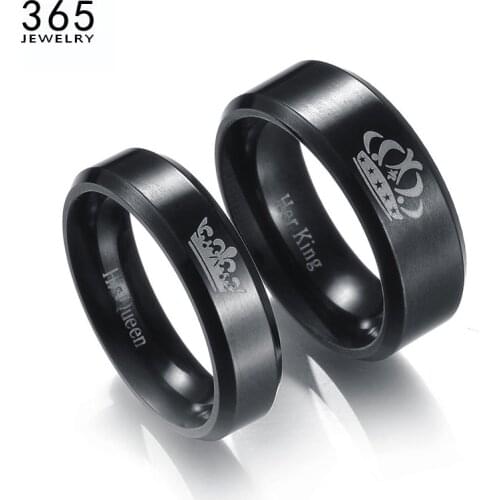New Stainless Steel King And Queen Couple Rings Black Color Letter Crown Rings For Lovers Love Promise Jewelry