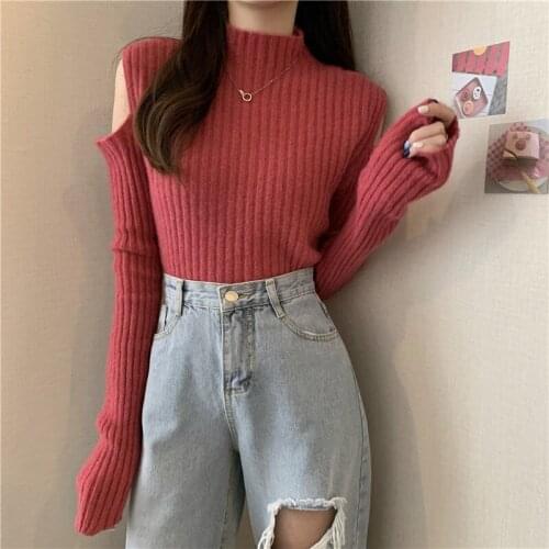2020 Autumn Winter Pullover Knitwear Turtleneck off-the-Shoulder Sweater for Women Woman Sweaters Femme Chandails Pull Hiver