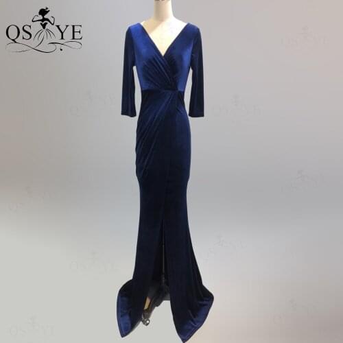 QSYYE Navy Evening Dress Long Sleeves Mermaid Velvet Evening Gown Sexy V Neck Party Dress Ruched Waist Formal Dress Open Back